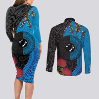 Fiji and New Zealand Together Couples Matching Long Sleeve Bodycon Dress and Long Sleeve Button Shirt Tapa Maori Tattoo mix Tagimoucia and Pohutukawa LT03 - Polynesian Pride