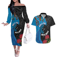 Fiji and New Zealand Together Couples Matching Off The Shoulder Long Sleeve Dress and Hawaiian Shirt Tapa Maori Tattoo mix Tagimoucia and Pohutukawa LT03 Black - Polynesian Pride