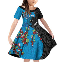 Fiji and New Zealand Together Family Matching Off Shoulder Short Dress and Hawaiian Shirt Tapa Maori Tattoo mix Tagimoucia and Pohutukawa LT03 Daughter's Dress Black - Polynesian Pride
