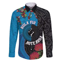 Fiji and New Zealand Together Family Matching Off Shoulder Short Dress and Hawaiian Shirt Tapa Maori Tattoo mix Tagimoucia and Pohutukawa LT03 Dad's Shirt - Long Sleeve Black - Polynesian Pride