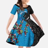 Fiji and New Zealand Together Kid Short Sleeve Dress Tapa Maori Tattoo mix Tagimoucia and Pohutukawa LT03 KID Black - Polynesian Pride