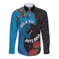 Fiji and New Zealand Together Long Sleeve Button Shirt Tapa Maori Tattoo mix Tagimoucia and Pohutukawa LT03 Unisex Black - Polynesian Pride