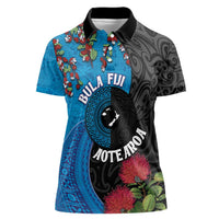 Fiji and New Zealand Together Women Polo Shirt Tapa Maori Tattoo mix Tagimoucia and Pohutukawa LT03 Female Black - Polynesian Pride
