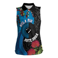 Fiji and New Zealand Together Women Sleeveless Polo Shirt Tapa Maori Tattoo mix Tagimoucia and Pohutukawa LT03 Female Black - Polynesian Pride