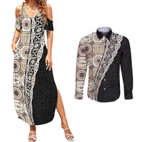 Tukenny Pattern Fijian War Clubs Mix Tapa Tribal Couples Matching Summer Maxi Dress and Long Sleeve Button Shirt LT03 Beige - Polynesian Pride