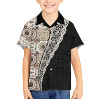 Tukenny Pattern Fijian War Clubs Mix Tapa Tribal Family Matching Off Shoulder Long Sleeve Dress and Hawaiian Shirt LT03 Son's Shirt Beige - Polynesian Pride