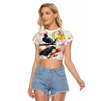 New Zealand Pohutukawa Tui Bird Raglan Cropped T Shirt Kowhai Version LT03 Female White - Polynesian Pride