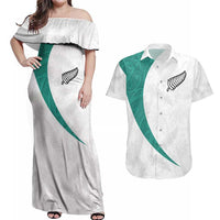 Custom New Zealand Football Couples Matching Off Shoulder Maxi Dress and Hawaiian Shirt Go All Silver Ferns - Towards World Cup 2026 LT03 White - Polynesian Pride