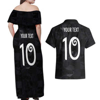 Custom New Zealand Rugby Couples Matching Off Shoulder Maxi Dress and Hawaiian Shirt All Silver Ferns Blacks