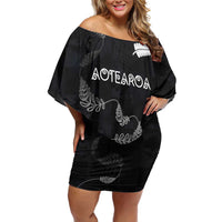 Custom New Zealand Rugby Family Matching Off Shoulder Short Dress and Hawaiian Shirt All Silver Ferns Blacks LT03 Mom's Dress Black - Polynesian Pride