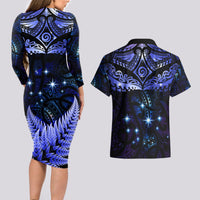 New Zealand Matariki Couples Matching Long Sleeve Bodycon Dress and Hawaiian Shirt Maori Pattern and Matariki Sky Night LT03 - Polynesian Pride