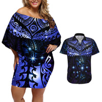 New Zealand Matariki Couples Matching Off Shoulder Short Dress and Hawaiian Shirt Maori Pattern and Matariki Sky Night LT03 Blue - Polynesian Pride