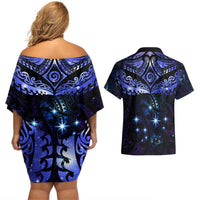 New Zealand Matariki Couples Matching Off Shoulder Short Dress and Hawaiian Shirt Maori Pattern and Matariki Sky Night LT03 - Polynesian Pride