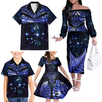New Zealand Matariki Family Matching Off The Shoulder Long Sleeve Dress and Hawaiian Shirt Maori Pattern and Matariki Sky Night LT03 - Polynesian Pride