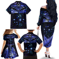 New Zealand Matariki Family Matching Off The Shoulder Long Sleeve Dress and Hawaiian Shirt Maori Pattern and Matariki Sky Night LT03 - Polynesian Pride