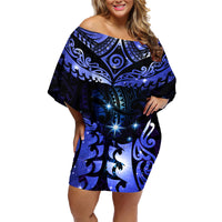 New Zealand Matariki Family Matching Off Shoulder Short Dress and Hawaiian Shirt Maori Pattern and Matariki Sky Night LT03 Mom's Dress Blue - Polynesian Pride