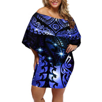 New Zealand Matariki Off Shoulder Short Dress Maori Pattern and Matariki Sky Night LT03 Women Blue - Polynesian Pride