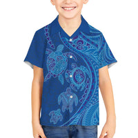 Hawaiian Turtles and Polynesian Art Tattoo Family Matching Short Sleeve Bodycon Dress and Hawaiian Shirt Ocean Abyss LT03 Son's Shirt Blue - Polynesian Pride