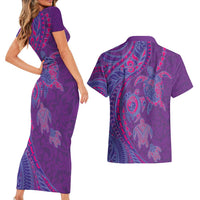 Hawaiian Turtles and Polynesian Art Tattoo Couples Matching Short Sleeve Bodycon Dress and Hawaiian Shirt Dusky Violet LT03 - Polynesian Pride