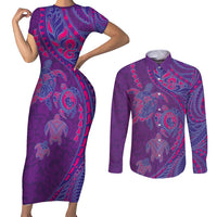 Hawaiian Turtles and Polynesian Art Tattoo Couples Matching Short Sleeve Bodycon Dress and Long Sleeve Button Shirt Dusky Violet