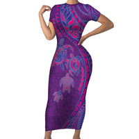Hawaiian Turtles and Polynesian Art Tattoo Family Matching Short Sleeve Bodycon Dress and Hawaiian Shirt Dusky Violet LT03 Mom's Dress Purple - Polynesian Pride