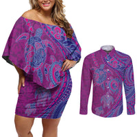 Hawaiian Turtles and Polynesian Art Tattoo Couples Matching Off Shoulder Short Dress and Long Sleeve Button Shirt Cerise