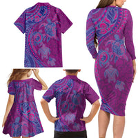 Hawaiian Turtles and Polynesian Art Tattoo Family Matching Long Sleeve Bodycon Dress and Hawaiian Shirt Cerise LT03 - Polynesian Pride