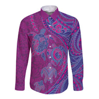 Hawaiian Turtles and Polynesian Art Tattoo Long Sleeve Button Shirt Cerise LT03 Unisex Pink - Polynesian Pride
