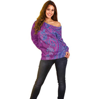 Hawaiian Turtles and Polynesian Art Tattoo Off Shoulder Sweater Cerise