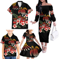 Hawaiian Hibiscus Turtle and Tropical Flower Family Matching Off The Shoulder Long Sleeve Dress and Hawaiian Shirt Dynamic Vibe LT03 - Polynesian Pride
