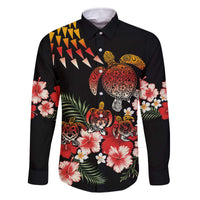 Hawaiian Hibiscus Turtle and Tropical Flower Family Matching Off The Shoulder Long Sleeve Dress and Hawaiian Shirt Dynamic Vibe LT03 Dad's Shirt - Long Sleeve Black - Polynesian Pride