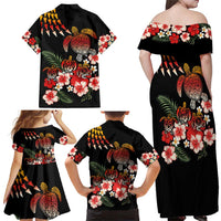 Hawaiian Hibiscus Turtle and Tropical Flower Family Matching Off Shoulder Maxi Dress and Hawaiian Shirt Dynamic Vibe LT03 - Polynesian Pride