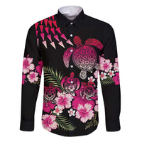 Hawaiian Hibiscus Turtle and Tropical Flower Family Matching Off Shoulder Maxi Dress and Hawaiian Shirt Sweet Vibe LT03 Dad's Shirt - Long Sleeve Black - Polynesian Pride