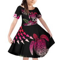 Hawaiian Hibiscus Turtle and Tropical Flower Family Matching Off Shoulder Short Dress and Hawaiian Shirt Sweet Vibe LT03 Daughter's Dress Black - Polynesian Pride
