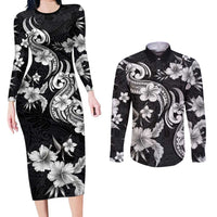 Hawaiian-Polynesian Art Tattoo Couples Matching Long Sleeve Bodycon Dress and Long Sleeve Button Shirt Hibiscus and Plumeria Grayscale LT03 Black - Polynesian Pride