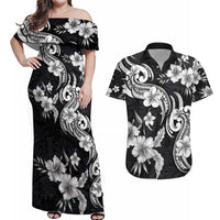 Hawaiian-Polynesian Art Tattoo Couples Matching Off Shoulder Maxi Dress and Hawaiian Shirt Hibiscus and Plumeria Grayscale LT03 Black - Polynesian Pride