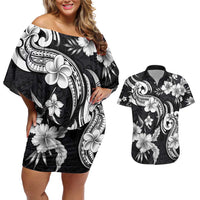 Hawaiian-Polynesian Art Tattoo Couples Matching Off Shoulder Short Dress and Hawaiian Shirt Hibiscus and Plumeria Grayscale LT03 Black - Polynesian Pride