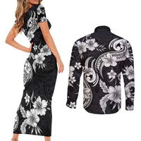 Hawaiian-Polynesian Art Tattoo Couples Matching Short Sleeve Bodycon Dress and Long Sleeve Button Shirt Hibiscus and Plumeria Grayscale LT03 - Polynesian Pride
