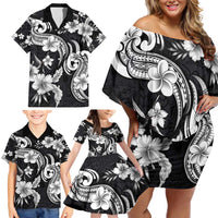 Hawaiian-Polynesian Art Tattoo Family Matching Off Shoulder Short Dress and Hawaiian Shirt Hibiscus and Plumeria Grayscale LT03 - Polynesian Pride