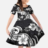 Hawaiian-Polynesian Art Tattoo Family Matching Puletasi and Hawaiian Shirt Hibiscus and Plumeria Grayscale LT03 Daughter's Dress Black - Polynesian Pride