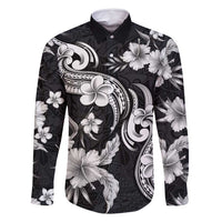 Hawaiian-Polynesian Art Tattoo Family Matching Summer Maxi Dress and Hawaiian Shirt Hibiscus and Plumeria Grayscale LT03 Dad's Shirt - Long Sleeve Black - Polynesian Pride