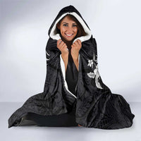 Hawaiian-Polynesian Art Tattoo Hooded Blanket Hibiscus and Plumeria Grayscale