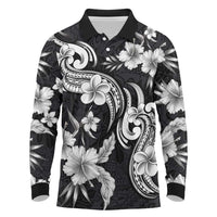 Hawaiian-Polynesian Art Tattoo Long Sleeve Polo Shirt Hibiscus and Plumeria Grayscale