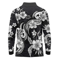 Hawaiian-Polynesian Art Tattoo Long Sleeve Polo Shirt Hibiscus and Plumeria Grayscale
