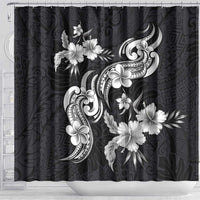 Hawaiian-Polynesian Art Tattoo Shower Curtain Hibiscus and Plumeria Grayscale