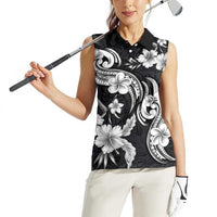 Hawaiian-Polynesian Art Tattoo Women Sleeveless Polo Shirt Hibiscus and Plumeria Grayscale