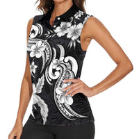 Hawaiian-Polynesian Art Tattoo Women Sleeveless Polo Shirt Hibiscus and Plumeria Grayscale