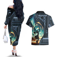 Samoan Siapo Motif and Siva Afi Dance Couples Matching Off The Shoulder Long Sleeve Dress and Hawaiian Shirt LT03 - Polynesian Pride