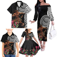 Samoan Warrior Art Tattoo Family Matching Off The Shoulder Long Sleeve Dress and Hawaiian Shirt Polynesian Pattern and Teuila LT03 - Polynesian Pride