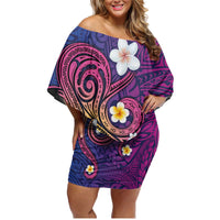 Hawaiian Octopus Tattoo and Frangipani Family Matching Off Shoulder Short Dress and Hawaiian Shirt LT03 Mom's Dress Purple - Polynesian Pride